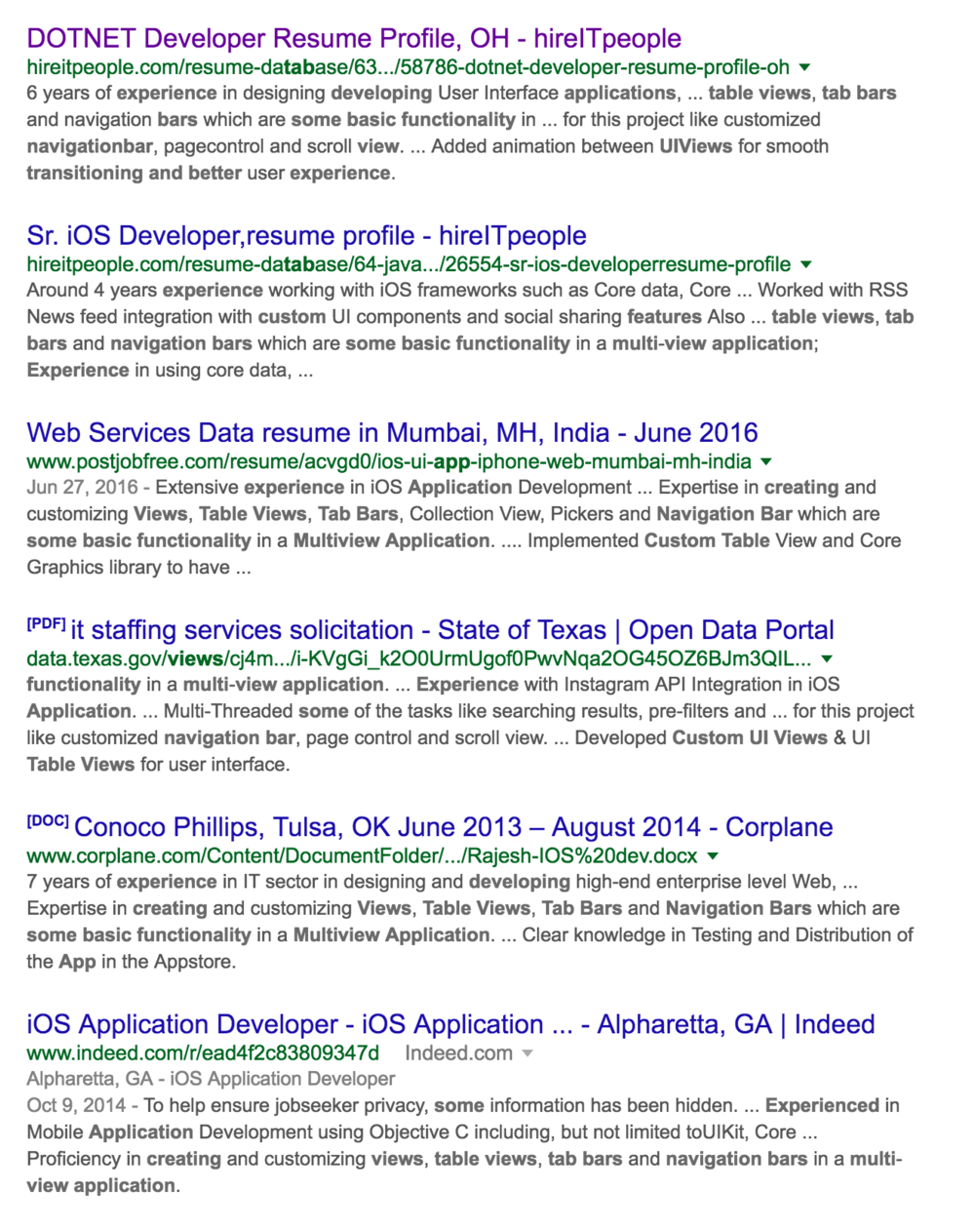 Google search results for resume copy pasta