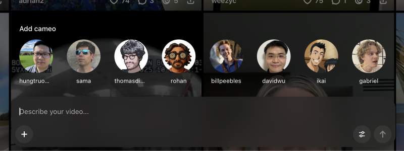 Screenshot of the Sora app featuring Sam Altman cameo options