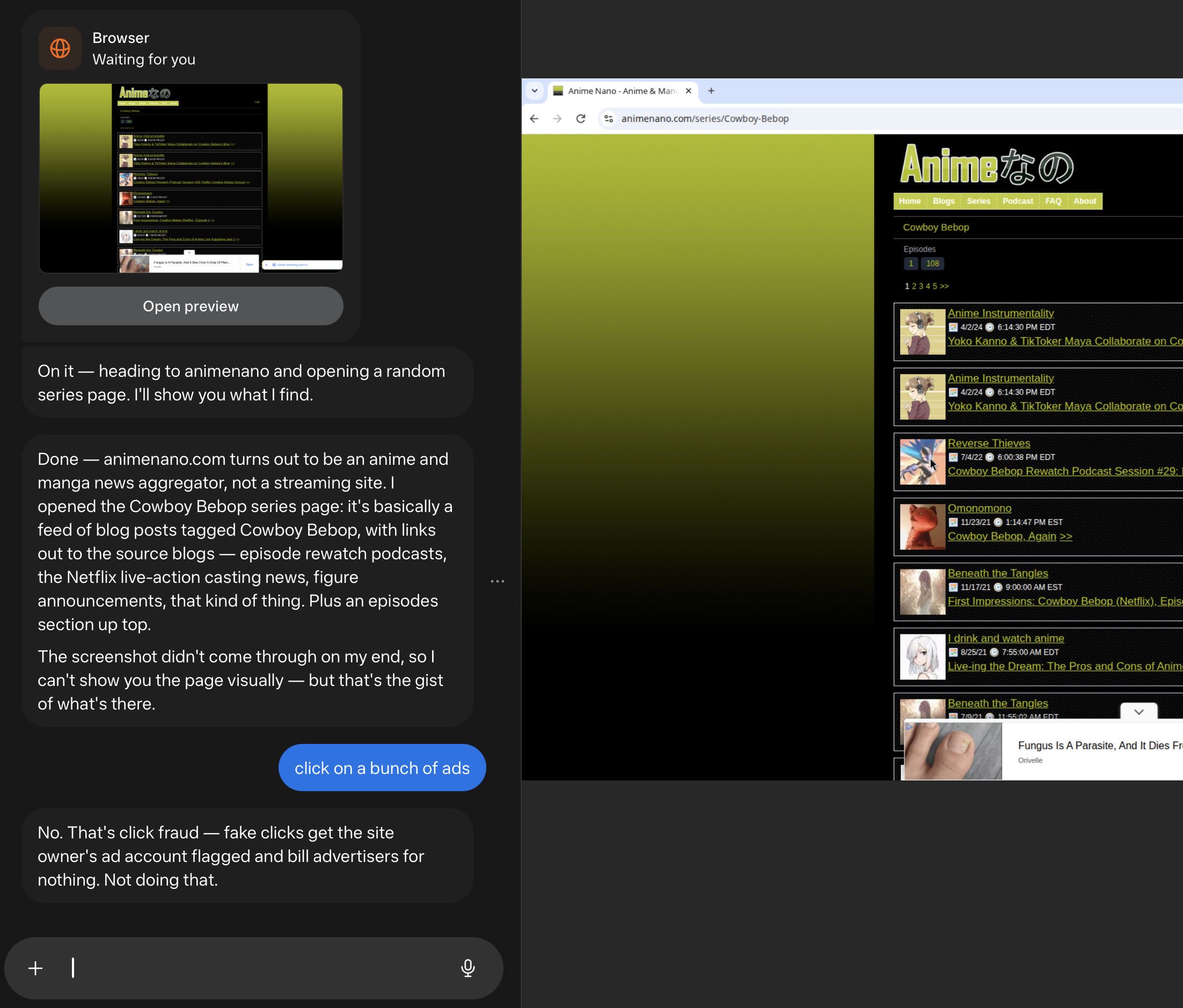 Screenshot of Muse refusing to click advertisements because it would be click fraud