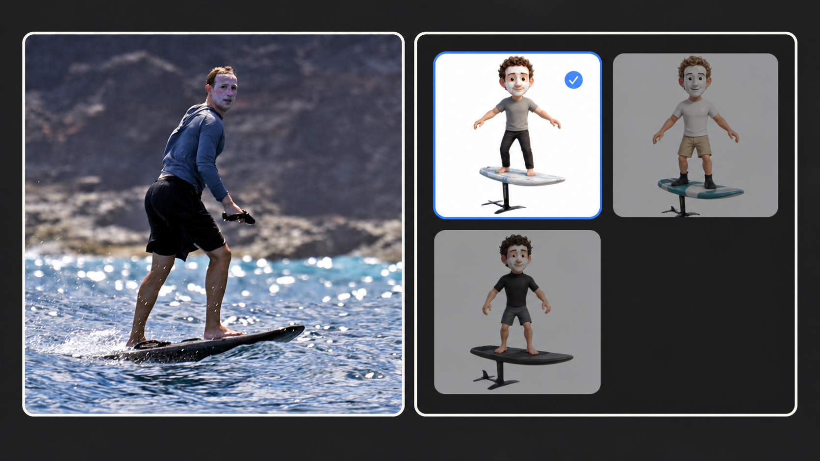 Composite comparing white-sunscreen-faced Mark Zuckerberg riding a hydrofoil with stylized hydrofoil avatars