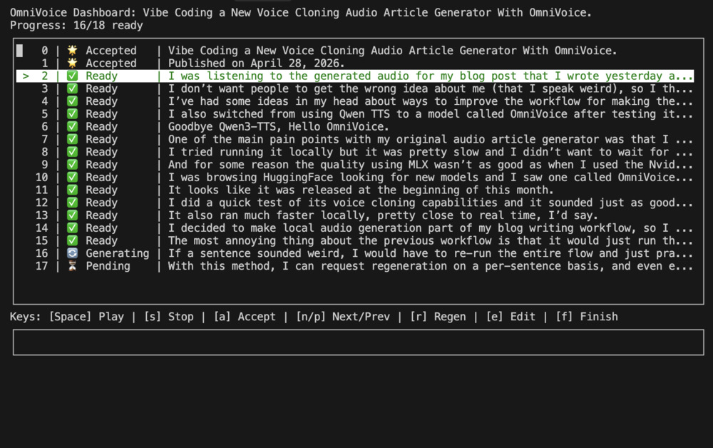 OmniVoice Dashboard showing a per-sentence audio generation interface